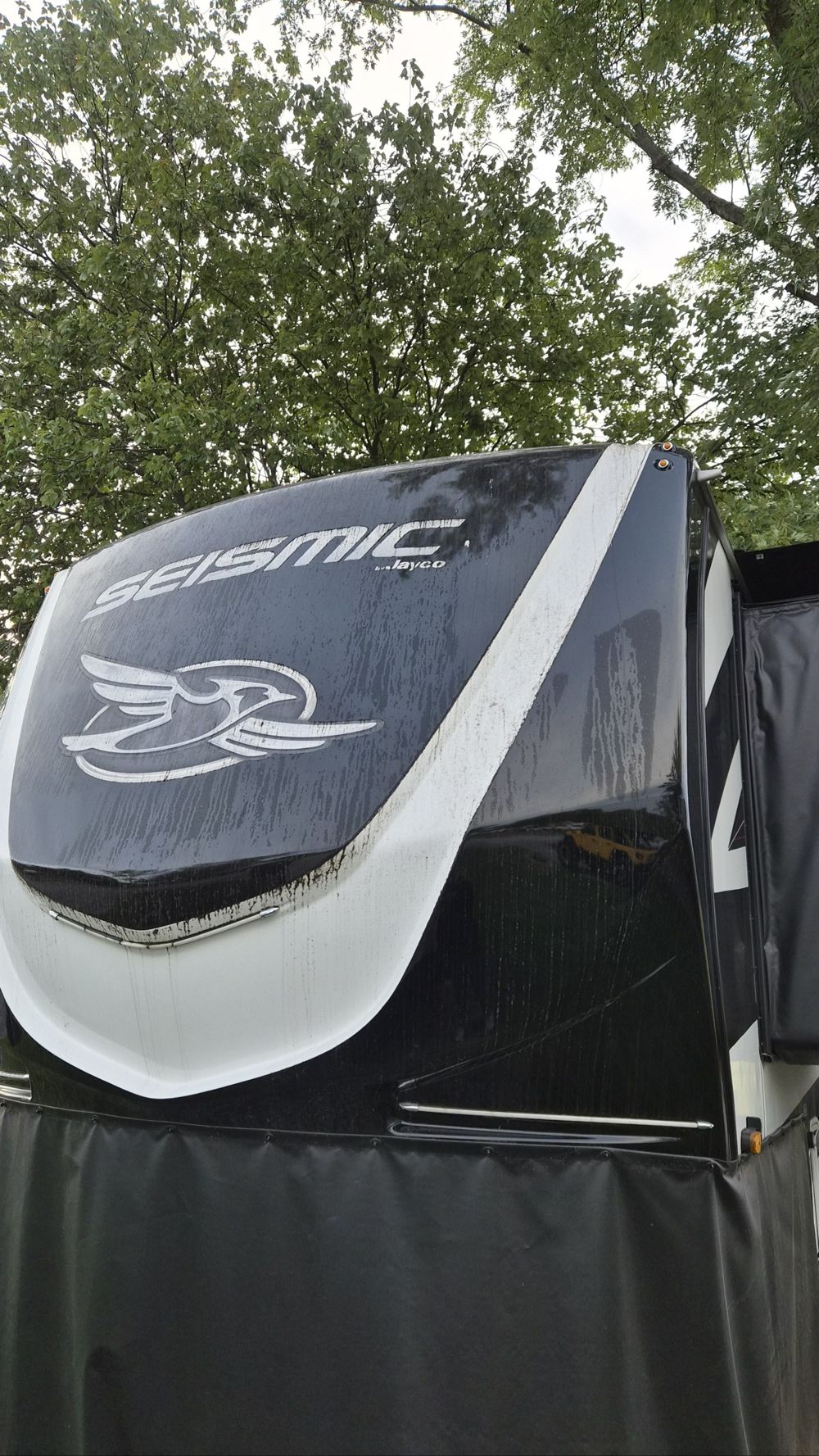 Jayco Seismic toy hauler before — streaked, oxidized front cap
